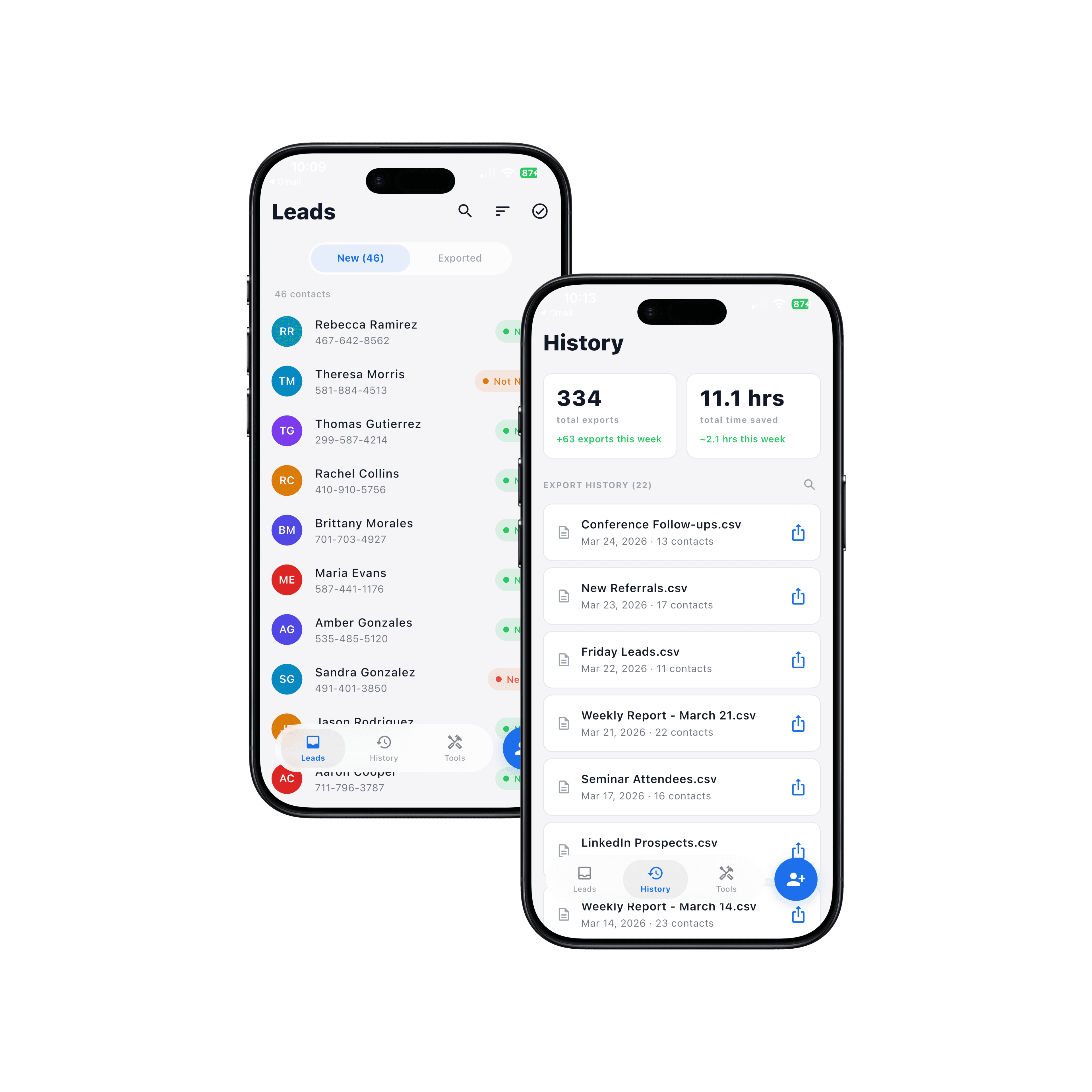 LeadBridge app showing leads and export history